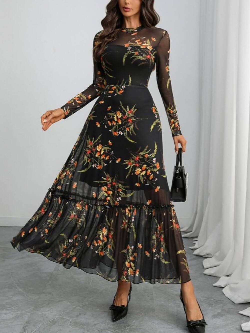 NWT Elegant Black Floral Sheer Mesh Ruffle Maxi Dress Flounce Sleeve